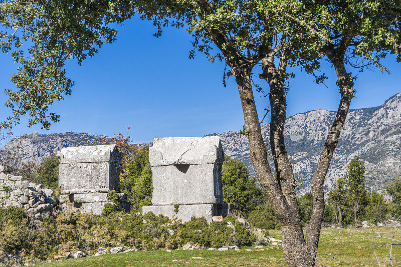 来自Dodurga村的Sidyma古城。Fethiye, Mugla，土耳其。